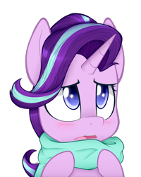 Size: 1080x1350 | Tagged: safe, artist:higglytownhero, derpibooru import, starlight glimmer, pony, unicorn, blushing, clothes, cute, female, glimmerbetes, mare, open mouth, scarf, simple background, solo, transparent background, worried