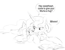 Size: 1280x989 | Tagged: safe, artist:silfoe, derpibooru import, princess luna, oc, oc:eventide glisten, alicorn, pony, alicorn oc, black and white, cute, dialogue, female, filly, grayscale, hug, lunabetes, magical lesbian spawn, monochrome, mother and child, mother and daughter, offspring, other royal book, parent and child, parent:princess luna, parent:twilight sparkle, parents:twiluna, silfoe is trying to murder us, simple background, snuggling, speech bubble, white background