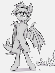 Size: 3504x4681 | Tagged: safe, artist:ralek, oc, oc only, oc:sunny sheila, anthro, bat pony, unguligrade anthro, bat wings, cute, fangs, guilty, hands behind back, monochrome, pottery, solo