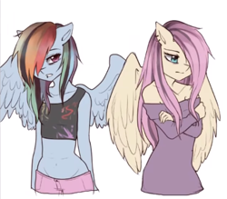 Size: 472x414 | Tagged: safe, artist:liliumena, derpibooru import, fluttershy, rainbow dash, anthro, belly button, clothes, emo, emoshy, midriff, shorts, tanktop