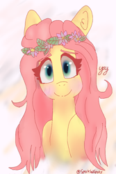 Size: 640x960 | Tagged: safe, artist:speckledspots, fluttershy, pegasus, pony, blushing, bust, floral head wreath, looking at you, portrait, smiling, solo, yay