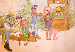 Size: 2804x1968 | Tagged: safe, artist:raevenilonka, derpibooru import, applejack, fluttershy, pinkie pie, rainbow dash, rarity, twilight sparkle, anthro, plantigrade anthro, clothes, mane six, snow, traditional art, watercolor painting, winter