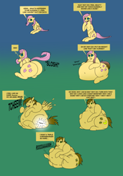 Size: 2330x3320 | Tagged: safe, artist:monterrang, fluttershy, oc, oc:wimpy butter, pegasus, pony, bhm, character to character, engrish, fat, female to male, hungry, obese, pony to pony, rule 63, stomach growl, stomach noise, transformation, transgender transformation, weight gain, weight gain sequence