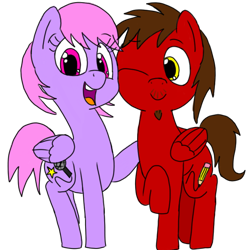 Size: 720x720 | Tagged: safe, artist:pabbley, artist:toyminator900, edit, oc, oc only, oc:chip, oc:melody notes, pegasus, pony, duo, hug, looking at you, open mouth, raised hoof, simple background, trace, transparent background