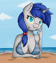 Size: 1280x1443 | Tagged: safe, artist:puffysmosh, oc, oc only, anthro, unicorn, beach, bikini, breasts, cleavage, clothes, female, solo, swimsuit