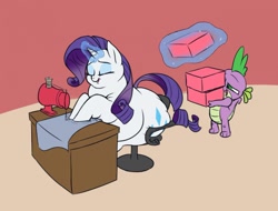 Size: 1280x973 | Tagged: safe, artist:calorie, rarity, spike, dragon, pony, unicorn, boxes, chubby chaser, fat, feedee, feeder, obese, raritubby, sewing machine, snacks