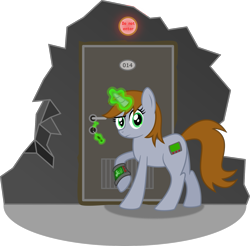 Size: 1697x1670 | Tagged: safe, artist:s4ncho, oc, oc only, oc:littlepip, pony, unicorn, fallout equestria, door, fanfic, fanfic art, female, glowing horn, hairpin, hooves, horn, levitation, lockpicking, magic, mare, newbie artist training grounds, numbers, pipbuck, raised hoof, screwdriver, solo, telekinesis, text