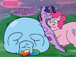 Size: 800x600 | Tagged: safe, artist:paupoepic, pinkie pie, rainbow dash, twilight sparkle, earth pony, pegasus, pony, belly, chubby, chubby cheeks, fat, gak, immobile, impossibly large belly, morbidly obese, obese, pudgy pie, pushing, rainblob dash, tubby wubby pony waifu, zzz