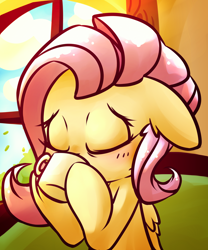 Size: 3320x4000 | Tagged: safe, artist:bloodatius, fluttershy, pegasus, pony, blushing, cup, cute, drinking, eyes closed, shyabetes, solo, teacup