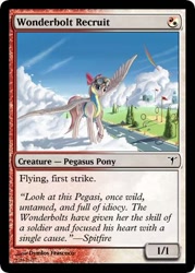 Size: 375x523 | Tagged: safe, artist:lightly-san, edit, angel wings, rainbow dash, spitfire, pegasus, pony, card, crossover, magic the gathering, parody, trading card, trading card edit, wonderbolt trainee uniform