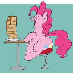 Size: 802x800 | Tagged: safe, artist:calorie, pinkie pie, earth pony, pony, belly, chubby, eyes closed, fat, food, obese, open mouth, pancakes, piggy pie, plot, pudgy pie, sitting, smiling, solo, stool, table