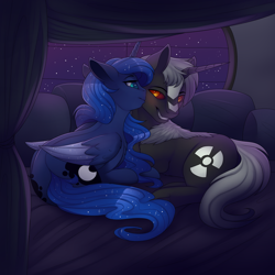 Size: 2000x2000 | Tagged: dead source, safe, artist:evehly, derpibooru import, princess luna, oc, oc:godzilla pony, alicorn, kaiju pony, pony, bed, bedroom eyes, black sclera, canon x oc, cuddling, cute, eye contact, godzilla, godzilla (series), godzilla junior, grin, kissing, lunazilla, missing accessory, ponified, prone, shipping, smiling, snuggling, window