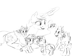 Size: 1280x989 | Tagged: safe, artist:silfoe, derpibooru import, princess celestia, princess flurry heart, oc, oc:eventide glisten, oc:pterus, oc:twilight dapple, alicorn, bat pony, pony, adopted offspring, alicorn oc, black and white, grayscale, magical lesbian spawn, monochrome, offspring, other royal book, parent:princess cadance, parent:princess luna, parent:shining armor, parent:twilight sparkle, parents:shiningcadance, parents:twiluna, royal sketchbook, simple background, unnamed pony, white background