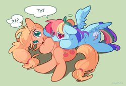 Size: 967x662 | Tagged: safe, artist:dusty-munji, applejack, rainbow dash, earth pony, pegasus, pony, appledash, backwards cutie mark, crying, exclamation point, female, frown, interrobang, lesbian, lying down, mare, prone, question mark, sad, shipping, simple background