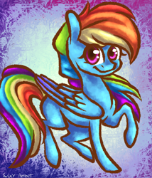 Size: 900x1050 | Tagged: safe, artist:twixyamber, rainbow dash, pegasus, pony, blue coat, female, mare, multicolored mane, raised hoof, solo