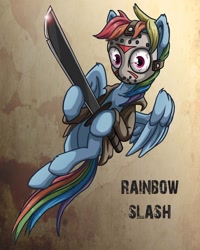Size: 1500x1875 | Tagged: safe, artist:starbat, rainbow dash, pegasus, pony, crossover, female, friday the 13th, halloween, holding, jason voorhees, looking at you, machete, mare, solo