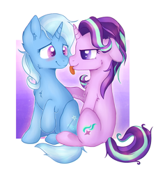 Size: 700x770 | Tagged: safe, artist:falldust, derpibooru import, starlight glimmer, trixie, pony, unicorn, blushing, female, lesbian, mare, shipping, sitting, smiling, startrix, tongue out