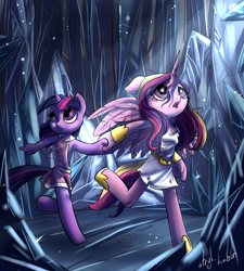 Size: 1797x2000 | Tagged: safe, artist:atryl, princess cadance, twilight sparkle, alicorn, anthro, unguligrade anthro, unicorn, anatomically incorrect, armpits, clothes, crystal caverns, dress, duo, female, hooves, incorrect leg anatomy, running, scene interpretation