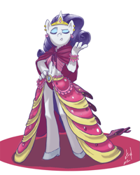 Size: 681x850 | Tagged: safe, artist:atryl, rarity, anthro, unguligrade anthro, unicorn, belly button, clothes, dress, ear piercing, earring, eyes closed, female, gala dress, glass slipper (footwear), high heels, jewelry, midriff, panties, piercing, pink underwear, shoes, smug, solo, underwear