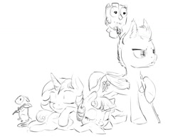 Size: 1280x989 | Tagged: safe, artist:silfoe, derpibooru import, owlowiscious, tiberius, oc, oc:eventide glisten, oc:pterus, oc:twilight dapple, alicorn, bat pony, pony, adopted offspring, alicorn oc, black and white, grayscale, magical lesbian spawn, monochrome, offspring, other royal book, parent:princess luna, parent:twilight sparkle, parents:twiluna, pony pile, royal sketchbook, simple background, sketch, sleeping, white background