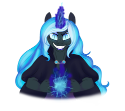 Size: 1024x906 | Tagged: safe, artist:blackblood-queen, derpibooru import, oc, oc only, oc:bubble lee, oc:nightmare lee, anthro, anthro oc, fangs, looking at you, magic, nightmarified, smiling, solo