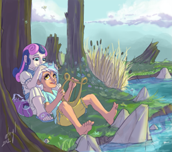 Size: 1075x950 | Tagged: safe, artist:atryl, bon bon, derpy hooves, lyra heartstrings, sweetie drops, human, pegasus, pony, barefoot, cuddling, feet, humanized, lyrabon, lyre, open mouth, outdoors, sandals, shipping, smiling, snuggling, soles, toes, tree, younger