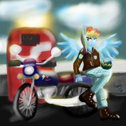 Size: 1852x1852 | Tagged: safe, artist:hippik, derpibooru import, rainbow dash, anthro, plantigrade anthro, motorcycle, solo