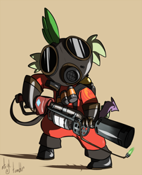 Size: 1100x1361 | Tagged: safe, artist:atryl, spike, dragon, crossover, flamethrower, pyro, solo, spike pyro, team fortress 2, weapon