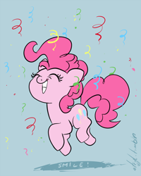 Size: 1100x1373 | Tagged: safe, artist:atryl, pinkie pie, pony, blue background, confetti, cute, diapinkes, eyes closed, flat colors, simple background, smiling, solo