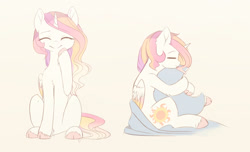 Size: 1280x777 | Tagged: safe, artist:magnaluna, derpibooru import, princess celestia, alicorn, pony, cloven hooves, cute, cutelestia, eyes closed, pillow, pillow hug, simple background, sitting, smiling, solo, unshorn fetlocks