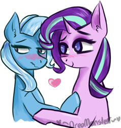 Size: 716x752 | Tagged: safe, artist:oreomonsterr, derpibooru import, starlight glimmer, trixie, pony, unicorn, blushing, bust, female, heart, lesbian, looking back, mare, scrunchy face, shipping, simple background, smiling, startrix, transparent background