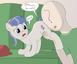 Size: 1659x1371 | Tagged: safe, artist:dopeedit, oc, oc only, oc:anon, oc:cutie stripe, bad touch, blushing, female, filly, molestation, open mouth, pillow, ribbon, sofa, speech bubble, text