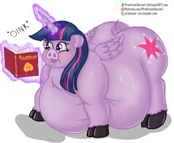 Size: 1024x844 | Tagged: safe, artist:professordoctorc, twilight sparkle, twilight sparkle (alicorn), alicorn, pig, pony, belly, big belly, book, fat, morbidly obese, obese, oink, pigified, reading, species swap, sweat, twilard sparkle, twilight porkle