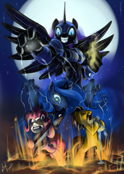 Size: 1000x1405 | Tagged: dead source, safe, artist:atryl, nightmare moon, pinkie pie, princess luna, oc, anthro, metal, moon, puppet