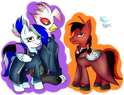 Size: 1024x791 | Tagged: safe, artist:animechristy, oc, oc:manga kamen, oc:sapphire heart song, oc:toonkriticy2k, griffon, pegasus, pony, anime, cloak, clothes, crossover, fullmetal alchemist, kamenheart, prosthetic wing, red and black oc, uniform