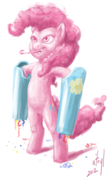 Size: 535x850 | Tagged: safe, artist:atryl, pinkie pie, earth pony, pony, arm cannon, dual wield, party cannon