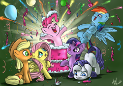 Size: 1290x900 | Tagged: safe, artist:atryl, applejack, fluttershy, pinkie pie, rainbow dash, rarity, twilight sparkle, unicorn twilight, earth pony, pegasus, pony, unicorn, balloon, cake, confetti, happy, mane six, pinkie being pinkie, pop out cake, smiling, surprise cake, varying degrees of amusement