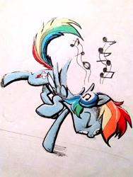 Size: 1884x2512 | Tagged: safe, artist:f1r3w0rks, rainbow dash, pegasus, pony, dancing, headphones, music, sketch, solo, traditional art