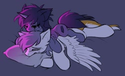 Size: 1048x642 | Tagged: safe, artist:hioshiru, artist:kejifox, derpibooru import, oc, oc only, oc:kate, oc:kej, pegasus, pony, unicorn, comforting, crying, cuddling, eyes closed, hug, k+k, lidded eyes, male, oc x oc, prone, shipping, snuggling, spread wings, straight