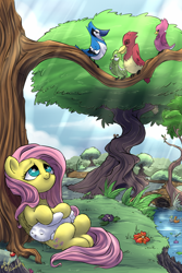 Size: 900x1350 | Tagged: safe, artist:atryl, angel bunny, fluttershy, bird, pegasus, pony, cute, fluffy, shyabetes