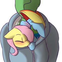 Size: 1200x1200 | Tagged: safe, artist:captainpudgemuffin, fluttershy, rainbow dash, oc, oc:anon, human, pony, /mlp/, blushing, bust, captainpudgemuffin is trying to murder us, clothes, cuddling, cute, dashabetes, drawthread, eyes closed, female, floppy ears, fluffy, hoodie, male, shared clothing, shyabetes, simple background, sleeping, snuggling, white background