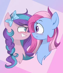 Size: 520x600 | Tagged: source needed, safe, artist:latte.dreams, star swirl, pony, bedroom eyes, blushing, bow, female, flitterheart, flitterswirl, hair bow, lesbian, looking at each other, mare, shipping, smiling