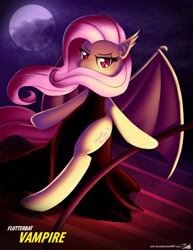 Size: 1275x1650 | Tagged: safe, artist:zelc-face, fluttershy, bat pony, pony, bipedal, clothes, dress, flutterbat, full moon, moon, red eyes, solo, stairs