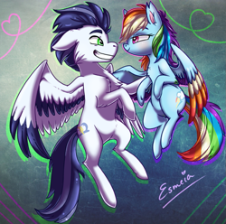 Size: 759x754 | Tagged: safe, artist:esmeia, rainbow dash, soarin', pegasus, pony, chest fluff, ear fluff, female, looking at each other, male, mare, shipping, smiling, soarindash, stallion, straight