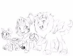 Size: 3300x2550 | Tagged: safe, artist:silfoe, derpibooru import, oc, oc only, oc:eventide glisten, oc:pterus, oc:twilight dapple, alicorn, bat pony, cheetah, manticore, pony, unicorn, adopted offspring, alicorn oc, black and white, clothes, costume, fantasy class, grayscale, knight, magical lesbian spawn, monochrome, nightmare night, offspring, other royal book, parent:princess luna, parent:twilight sparkle, parents:twiluna, simple background, unnamed oc, warrior, white background