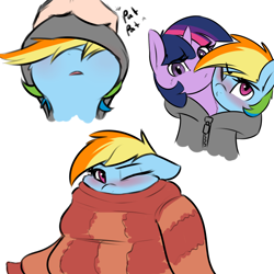 Size: 1200x1200 | Tagged: safe, artist:captainpudgemuffin, rainbow dash, twilight sparkle, pegasus, pony, unicorn, /mlp/, blushing, captainpudgemuffin is trying to murder us, clothes, cute, dashabetes, drawthread, female, floppy ears, hoodie, lesbian, lidded eyes, looking at you, mare, one eye closed, open mouth, oversized clothes, petting, shared clothing, shipping, simple background, sweater, twidash, white background