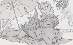 Size: 2100x1306 | Tagged: safe, artist:yakovlev-vad, derpibooru import, princess celestia, princess luna, alicorn, pony, :3, beach, beach ball, disney, ear fluff, eyes closed, fluffy, glass, monochrome, ocean, palm tree, prone, sandcastle, sketch, smiling, straw, towel, tree, umbrella