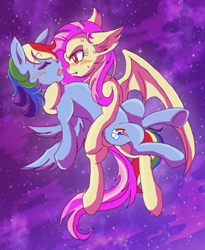 Size: 450x550 | Tagged: safe, artist:tsukuda, fluttershy, rainbow dash, bat pony, pegasus, pony, vampony, bat ponified, blushing, eyes closed, female, flutterbat, flutterdash, lesbian, mare, open mouth, pixiv, race swap, shipping, sweat