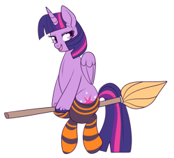 Size: 750x682 | Tagged: safe, artist:lulubell, derpibooru import, twilight sparkle, twilight sparkle (alicorn), alicorn, pony, broom, clothes, flying, flying broomstick, lidded eyes, looking back, open mouth, simple background, smiling, socks, solo, striped socks, transparent background, unshorn fetlocks, witch