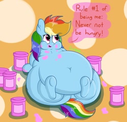 Size: 1280x1227 | Tagged: safe, artist:dullpoint, rainbow dash, pegasus, pony, belly, belly button, big belly, fat, food, gurgle, ice cream, messy eating, obese, on back, plot, rainblob dash, stomach noise, underass